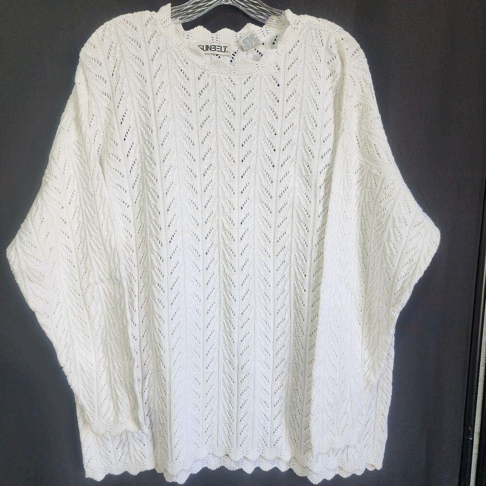 SUNBELT Vintage White Knit Sweater Women's L XL Oversized Openwork Crochet...